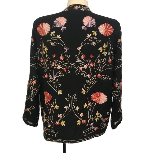 Boston Proper Black Floral Embroidered Sweater Jacket, Blazer, Mandarin Collar M - Picture 6 of 9